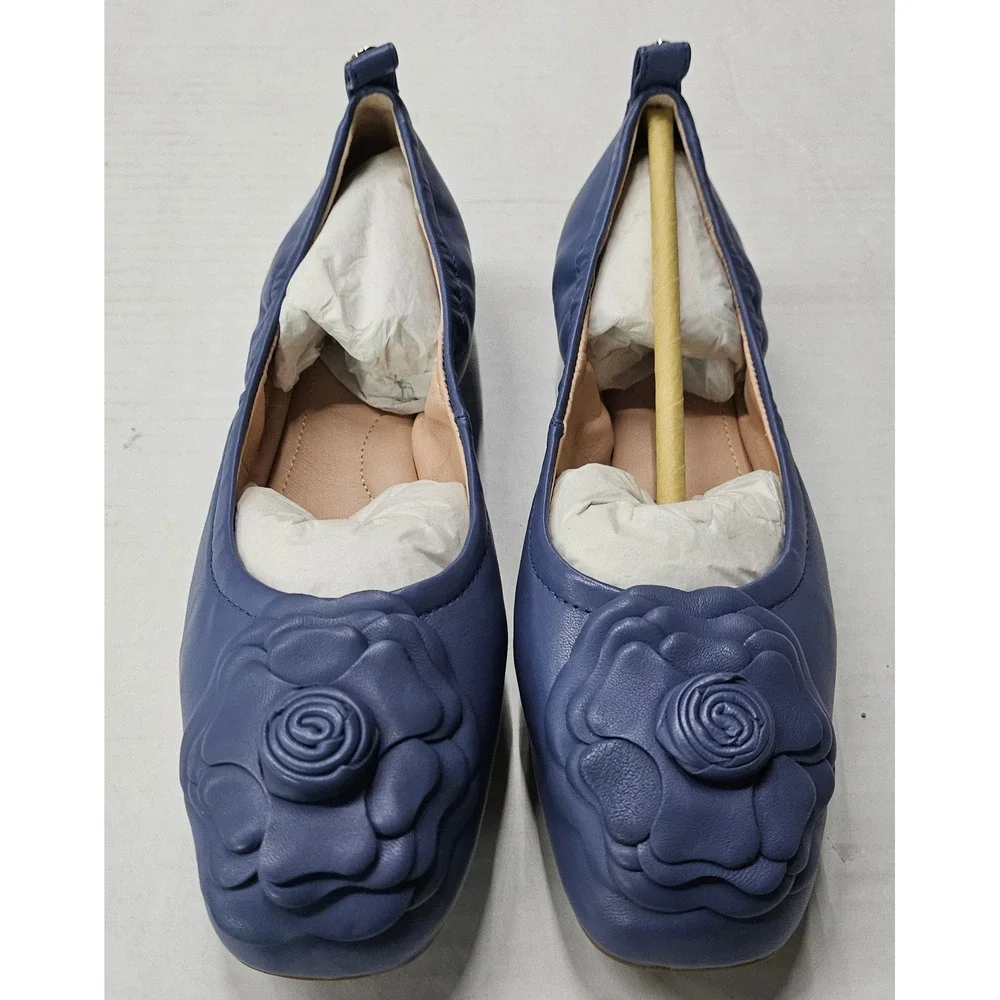 Taryn‎ Rose Rosalyn Blue Sheep Nappa Leather Rose Square Toe Ballet Flats 5.5M